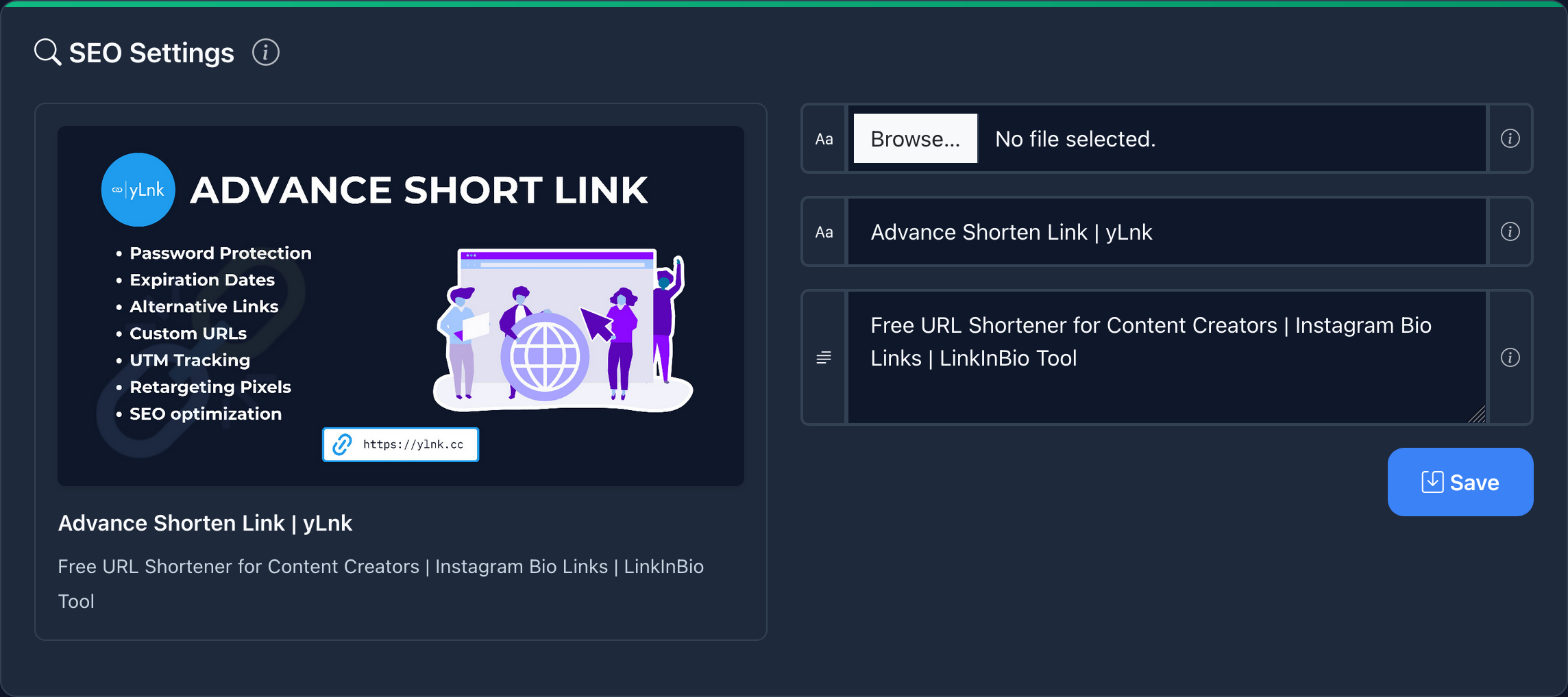yLnk SEO Settings Interface